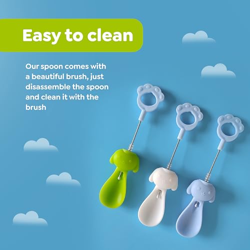 BumpyGumpy Baby Food Pouch Squeeze Spoon, Food Pouch Attachment Topper with Cleaning Brush, 3 Silicone Spoons with Travel Cases, White, Green, Blue, Bumpy001