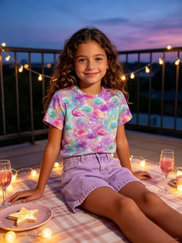 Image of ENLACHIC Girls Teens Pink Flamingo Printed Summer Short Sleeve T-Shirts Cute 3-16 Years