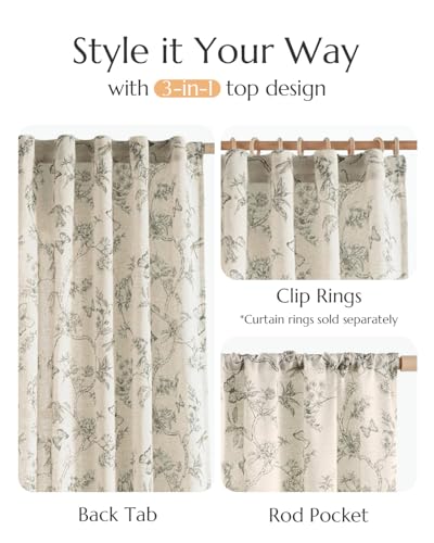 jinchan Floral Linen Curtains for Living Room, 96 Inch Length, Butterfly Pattern, Grey, French Country Farmhouse Style, Drapes with Back Tab and Rod Pocket, Set of 2 Panels