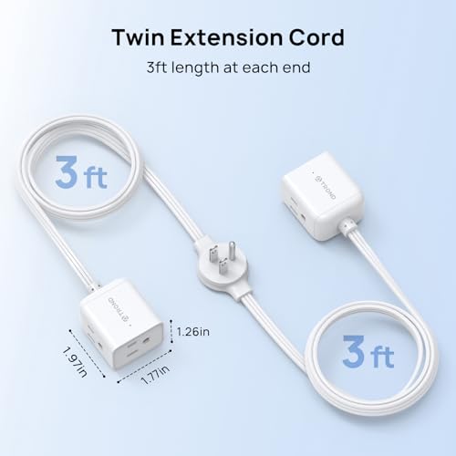 Image of TROND Split Extension Cord with Flat Wall Plug, Twin 3ft on Each Side, Low-Profile Dual End 3 Outlets Extender, 1625W for Indoors Behind the Middle of Sofa Couch Bed TV Stand, Easy to Hide, White | Low-Profile Dual End 3 Outlets Extender, 1625W for Indoors Behind the Middle of Sofa Couch Bed TV Stand, Easy to Hide