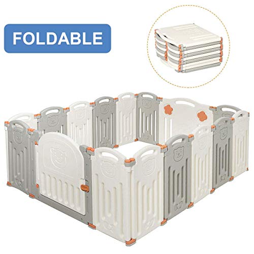 Costzon Baby Playpen, 16-Panel Foldable Kids Safety Activity Center Playard w/Locking Gate, Non-Slip