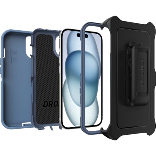 Image of OtterBox IPhone 15 Defender Series Case - BABY BLUE JEANS (Blue), Screenless, Rugged & Durable, with Port Protection, Includes Holster Clip kickstand