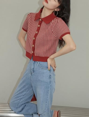 CHARTOU Women Short Sleeve Sweater Polo Collar Button Down Diamond Crop Shirt Cardigan4
