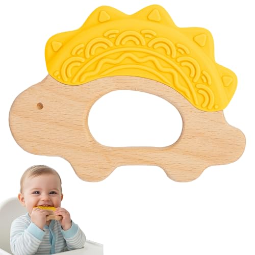 JUNUNA Baby Must Haves – Baby Teething Toys and Teether for Soothing Relief – Perfect for Teething Toys 3-6 Months and Shower Gifts – Soft, BPA-Free, Ergonomic Dinosaur Wood Design.