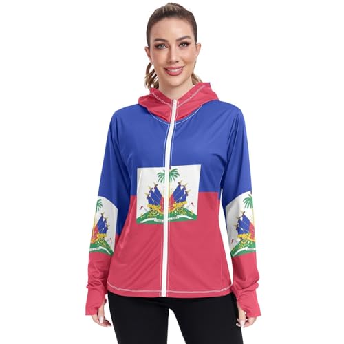 Haiti Flag Womens UPF 50+ Sun Protection Hoodie Jacket Lightweight Long Sleeve Sun Shirt with Pocket Multicoloured