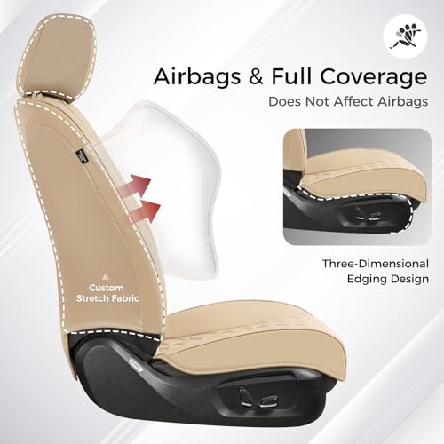 Image of Huidasource Beige Front Seat Covers, Leather Car Seat Covers Front Seats, Driver Seat Cover Waterproof, Airbag Compatible, Universal Fit for Most Cars, Vans, Trucks, SUVs (Front Pair /Beige)