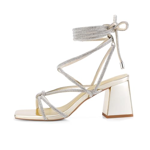 Image of Shoe'N Tale Lace Up Heels for Women Ankle Strappy Gladiator High Heeled Sandals Chunky Block Heel Square Open Toe Criss Cross Dress Shoes
