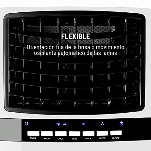 OneConcept Aire Acondicionado Portátil de Bajo Consumo con Purificador, Humidificador, Pinguino con Mando y Tanque 6L, 2 Packs Frío, Refrigerador con Flujo 400 m³/h, Aparato de Aire 65W