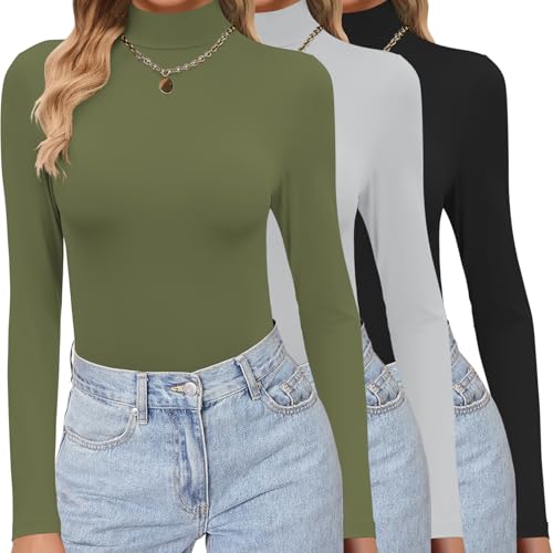 Ekouaer Women's 3 Pack Turtleneck Shirts Long Sleeve Mock Tops Lightweight Basic Layering Thermal