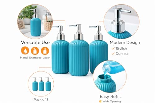 Image of LAGET 300ml Soap Dispenser for Wash Basin - Plane Ribbed Design | Kitchen and Bathroom Accessories Items | Refillable Handwash Dispenser Bottle- Set of 3 (Blue)