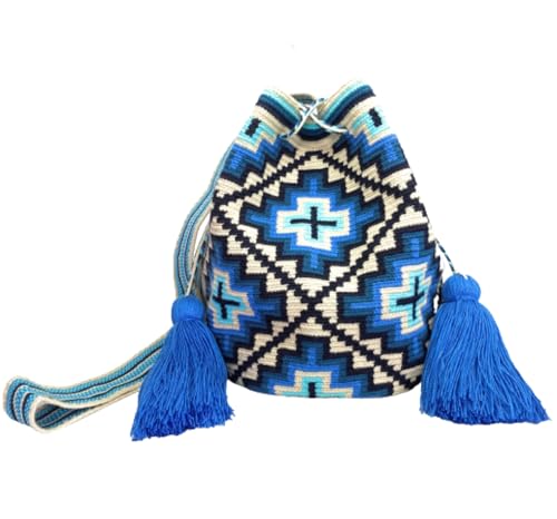 Wayuu Mochila-Tasche für Damen, groß, bunt, original Bolsa Tejida Kolumbiana, authentisches Häkelmuster, Geschenk aus Kolumbien, Design 41 - Large, Large