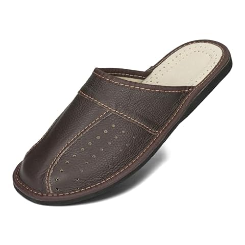 BeComfy Męskie kapcie skórzane pantofle prawdziwa skóra naturalna czarny brąz 40-50 EU Ciemnobrązowy, 49