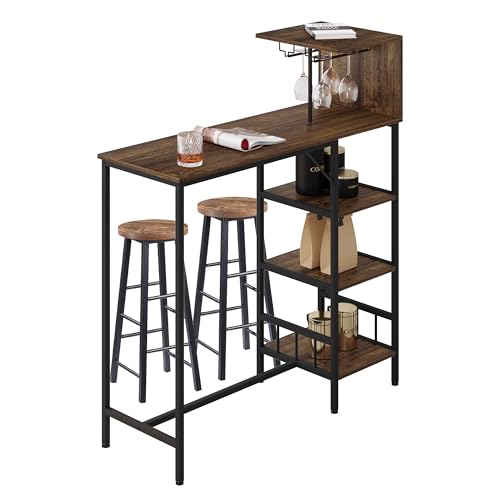 GOPLUS Bartisch Küchentisch - Mit Weinglashaltern & Ablage In Rustikalem Braun