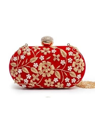 Image of THE TAN CLAN Hand Embroidered Luxury Clutch Purse for Women | Evening Hand Clutch Bag | Ladies Party Wedding Purse with Chain Strap | Ethnic Woman Handbag Gift for Birthday, Anniversary