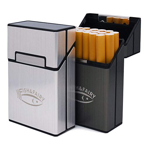 Cigarette Case 85mm King Size (18-20 Capacity) Cigarette Box with Magnetic Button One Handed Operation Sturdy Anti Extrusion Splash Proof Metal Exterior and Plastic Inner 2 Pack (Silver + Grey)