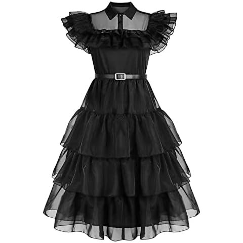 Virtcooy Kids Wednesdays Addams Costume Wednésday Adams Family Dress for Girls Gothic Cosplay Outfit for Halloween Carnival Party Cover