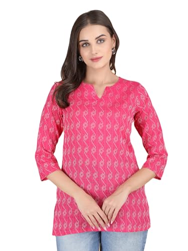 Image of Short Kurta for Women - Pure Cotton Printed Ladies Kurti, Stylish Girls Top, Ethnic Half Kurtas, Tunic Design Woman