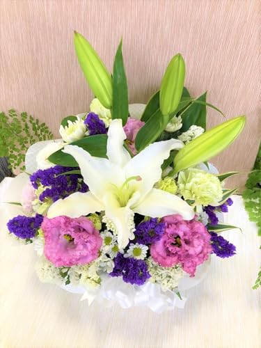 常温便配送 お悔やみの花 お供え ギフト 花 ペット アレンジメント 御供え花 お悔やみ ユリ 仏花 仏事 命日 ご法事命日 一周忌 法要 一周忌 三回忌 月命日 (ホワイト&パープル系(常温便配送))