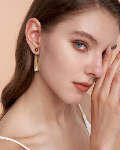 18K gold plated Brown Tiger Eye Long Ribbed Geometric Vertical Bar Drop Chunky Tigers Eye Gemstone Statement Earrings for Women by SNGIA, Bold Drop Handmade Exaggerated Textured Irregular Trendy Bohemian Stud Jewelry Gifts, Unique Dangling Baroque Stone Summer Beach Fashion Accessories, Rectangular Vintage Thick Circular Nickle Free Huggies Hoop Earring.4