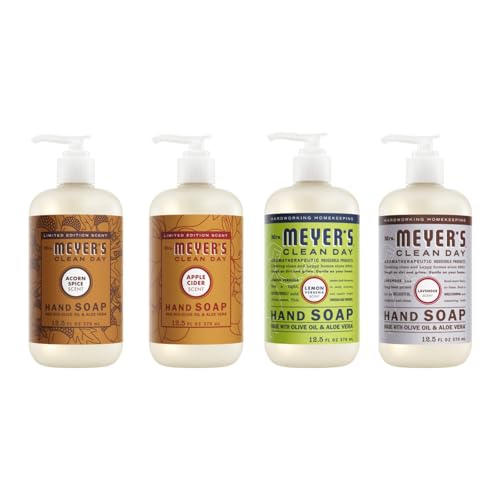 Image of Mrs. MEYER'S CLEAN DAY Hand Soap 12.5 Fl Oz 4 Count (Variety Pack), Acorn Spice + Apple Cider + Lemon Verbena + Lavender