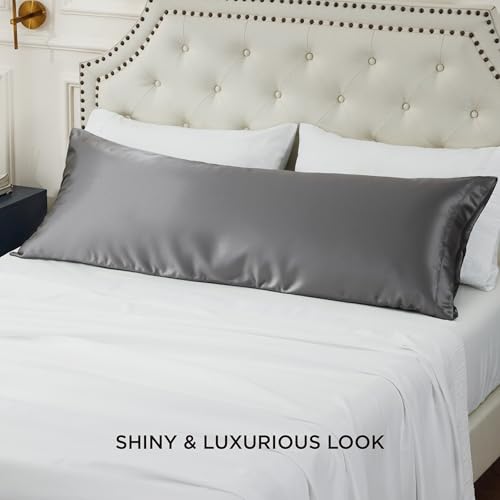 Image of Bedsure Body Pillow Cover 20x54 Inches - Dark Grey Satin Similar to Silk Pillowcase for Hair and Skin, Cooling and Silky Long Body Pillow Case Cover with Envelope Closure, Gifts for Women Men