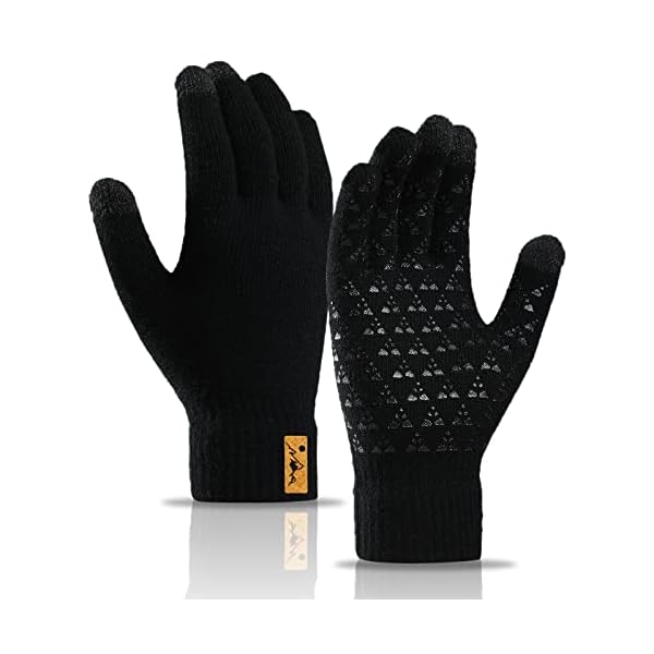 Men Women Unisex Knitted Gloves Anti-Slip Touchscreen Thermal Winter Fleece Lining Outdoor Windproof Running Sports Gloves Black XL
