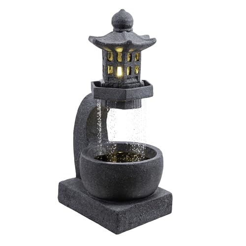 Alpine Corporation DIG370 31" Outdoor Zen Pagoda Water Fountain with LED Lights & Illuminated Stone Bowl – Tranquil Garden Water Feature for Relaxation and Ambiance, Gray - Image 8