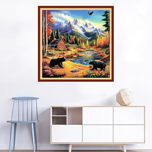 Image of Joyhoor Cross Stitch Kits for Beginners Stamped Cross-Stitch Supplies Needlework preprint Embroidery Kits for Adults DIY Needlepoint Kits Embroidery Patterns 11CT-Outdoor Black Bear 18x18 inchs