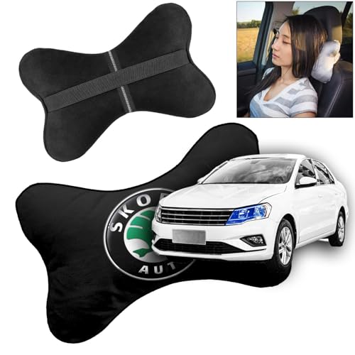 Image of Car Company Logo Neck Headrest Pillow Compatible with All Skoda Model Pain Relief, Cervical Neck Support Pillow, 22 x 16 cm, 2 Pieces, Black