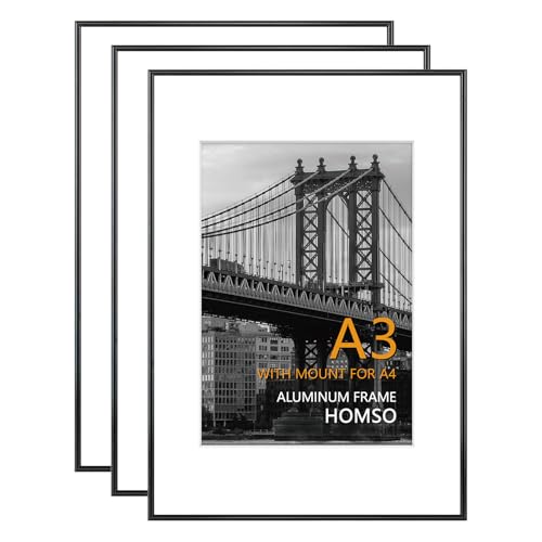 Image of Homso A3 Picture Frame in Black 3 Packs, Metal Thin Board A3 Frame with Acrylic Plexiglass for Pictures A4 with Mat or 11.7 x 16.5 without Mat for Horizontal and Vertical