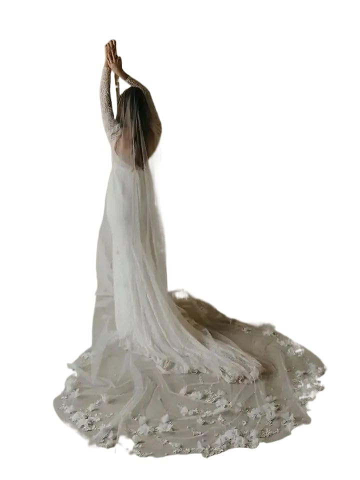 Velo de novia blanco marfil largo con flores y perlas de diseño