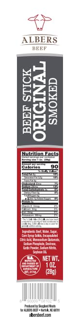 Miniatura 3 de Albers Beef, Snack Stick de 1 oz. Paquete de 20 unidades de sabor original. Bajo en azúcar, proteína 5G. El sabor de la tradición de Nebraska.