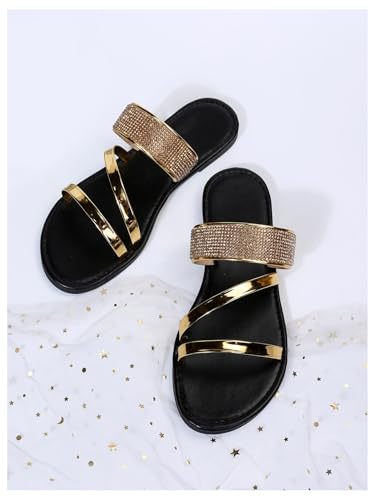 GORGLITTER Women's Metallic Strappy Flat Sandals Dressy Sparkly Open Toe Slide Vacation Summer Sandals2