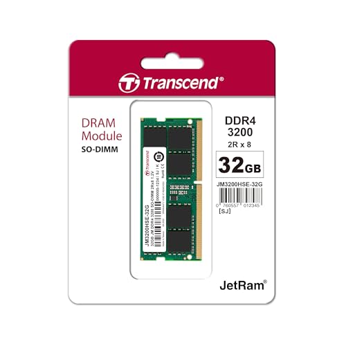 Image of Transcend 32GB DDR4 3200 MHz Laptop Memory, up to 25.6GB /s. - 260 pin, 1.2V, 2Rx8, CL22 DIMM Type - Unbuffered SO-DIMM Memory - JM3200HSE-32G