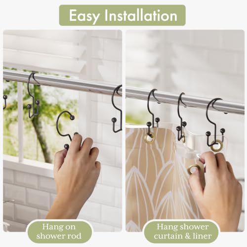 Image of Amazer Shower Curtain Hooks Black Double Shower Curtain Hooks, Shower Curtain Rings Sturdy Stainless Steel Shower Hooks for Bathroom Shower Curtain Rod, 12Pcs Shower Curtain Hangers