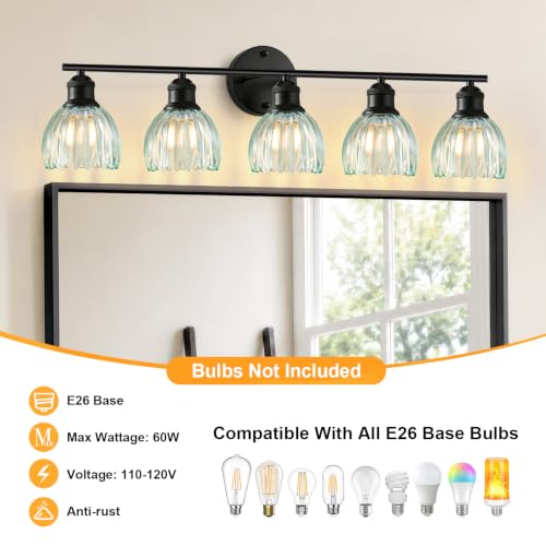 Image of Bathroom Light Fixtures, 5-Light Brushed Black Vanity Lights for Bathroom with Blue Tulip Glass Shade, 30 inch Vintage Bathroom Vanity Lighting Fixtures Over Mirror for Bedroom Living Room Hallway
