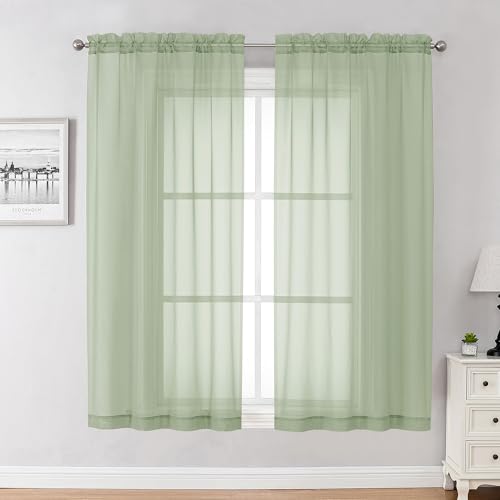 Image of Chyhomenyc Light Green Sheer Curtains 63 Inches Long 2 Panels Set- Light Filtering Curtains for Bedroom, Soft Airy Voile Rod Pocket Living Room Window Drapes, 42Wx63L Inches, 2 PCS