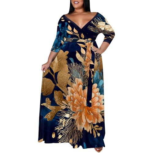 Image of SUZONANA Plus Size Maxi Dresses for Curcy Women Casual Loose 3 /4 Sleeve Long Dress with Belt