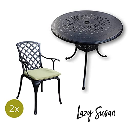 Lazy Susan 80 cm Runder Anna Gartentisch in Antik Bronze mit 2 Emma Stühlen und grüne Sitzkissen | Nachhaltiges Sandguss… – Bild 7