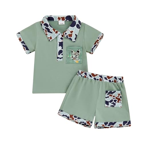 Image of DNOMAID YZARC Toddler Baby Boy Hunting Clothes Mallard Duck Camo Short Sleeve Button Collared Shirt Shorts Set Summer Outfit (Army Green, 0-6 Months)