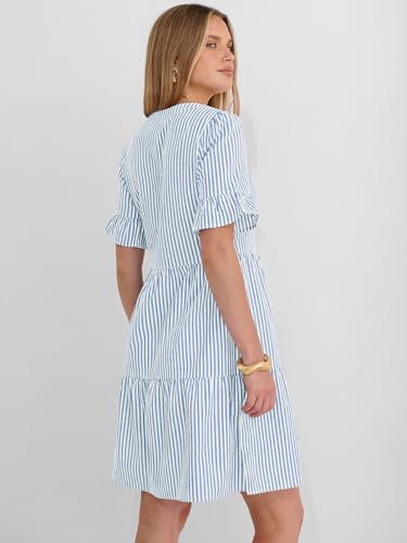 Image of Caracilia Dresses for Women Summer 2026 Striped V Neck Ruffle Sleeve A Line Tiered Flowy Casual Mini Beach Dress with Pockets