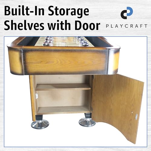 Playcraft Georgetown Shuffleboard Table with Storage Cabinet - Shuffle Board Game Table with Matching Abacus, 8 Pucks, Brush & Wax - Pro Climate Adjusters - Hand-Stained Honey Oak Finish - 16ft