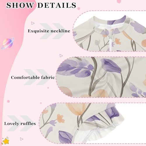 Girls One Piece Swimsuits Long Sleeve Swimsuit Zipper Bathing Suits Purple and Flesh-Colored Flowers Pattern3