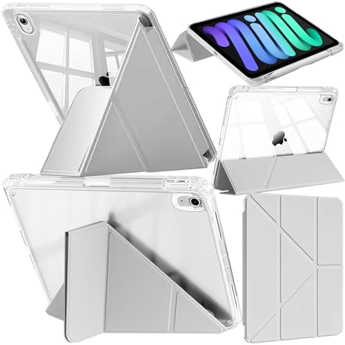Fodral Kompatibelt med iPad mini (A17 Pro, 2024 Modell, 7:e Generationen) / mini 6 2021 med Pencil Hållare, Klart Stöttåligt, 6-i-1 Y Vikbart Stativ, Auto Väckning/Sömn, Ljusgrå