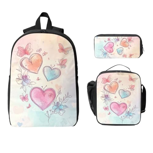 Cute Cartoon Heart Backpacks 3 Pcs Casual Multifunction Backpack with Fun Graphic Cartoon Print for Camping Touring