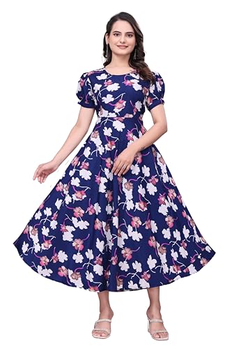 Image of Women's A-Line Crepe Maxi Dress | Stylish Fit and Flare Dress with Round Neck Short Puff Sleeves for Casual Wear