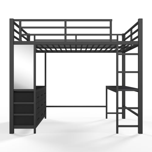 Image of Bellemave Metal Full Loft Bed Frame with Desk, Storage Drawers,USB,Mirror for Adults, Kids, Teens, Black