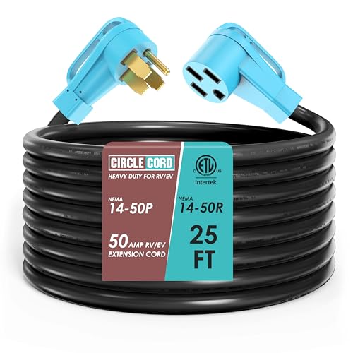 CircleCord 50 Amp 25 Feet RV/EV Extension Cord Heavy Duty 6/3+8/1 Gauge STW Wire NEMA 14-50P/R Suit for Tesla Model 3/S/X/Y EV Charging and RV Trailer Campers