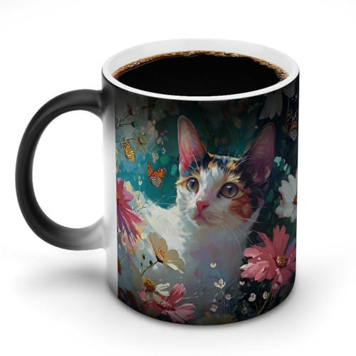 加熱変色コーヒーカップ 花の中の子猫 マグカップ しゃれ かわいい おうち 超リアルな動物イラスト 動物イラストアート 変色カップ コップ クラシコ プレゼント350ML