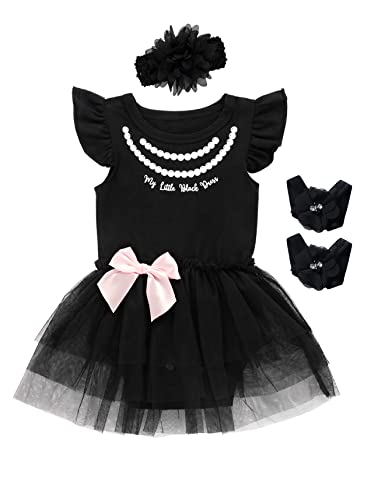 Image of Little Fancy Newborn Clothes 3 Pieces Baby Girls' Lace Tutu Black Dress Summer Bodysuit with Headband (6-12Months, Black003)